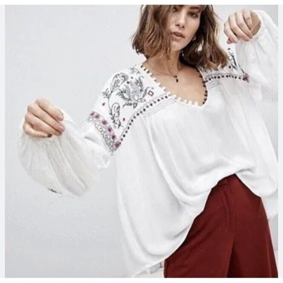 Free People Sm Rock It Tonight Floral Embroidered Lng Sleeve Boho Hippie Peasant - Picture 1 of 12